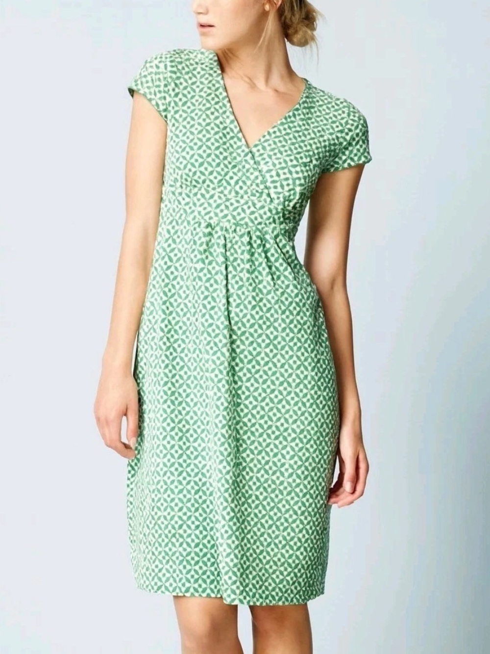 Boden Green Geometric Print stretch jersey cap sleeve Wrap Dress US 14L